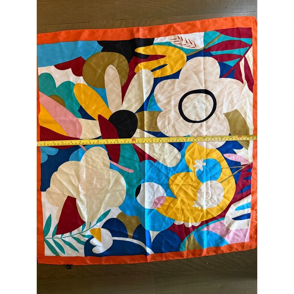 Abstract‎ Floral Square Scarf Multicolor Satin Finish Orange Border